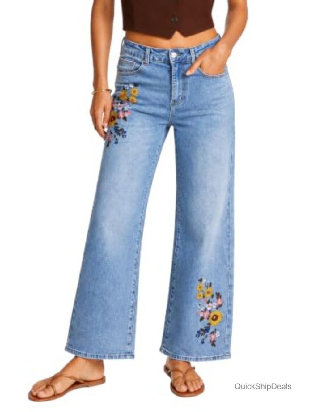 Wide Leg Floral Embroidered Stretch Denim Jeans Mid Rise